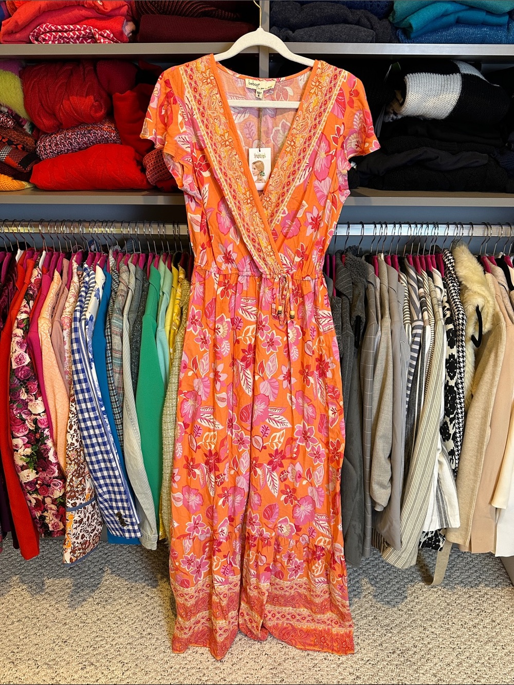 BeBop orange/pink floral cap sleeve elastic waistband maxi dress size S NWT